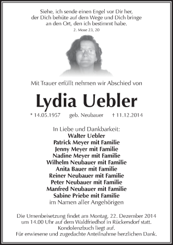Traueranzeige von Lydia Uebler von Pegnitz-Zeitung